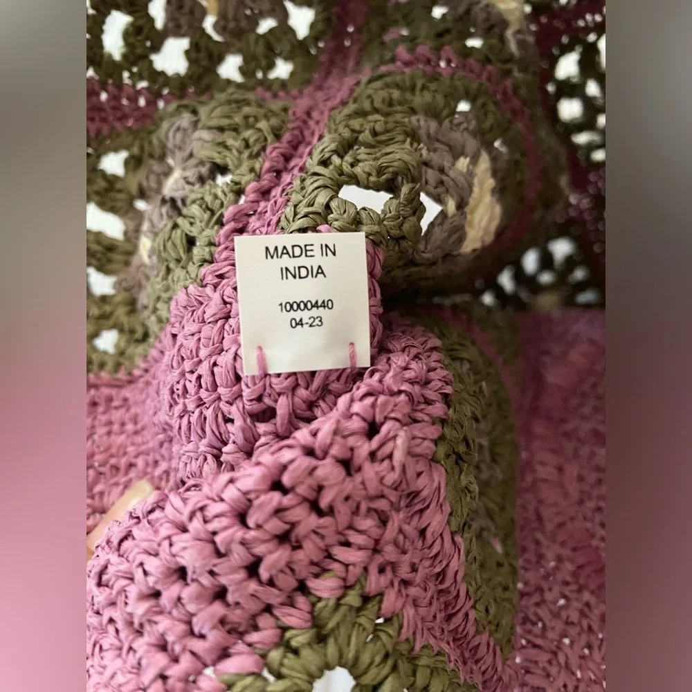 Tory Burch Pink & Green Raffia Hand Crochet Tote Bag